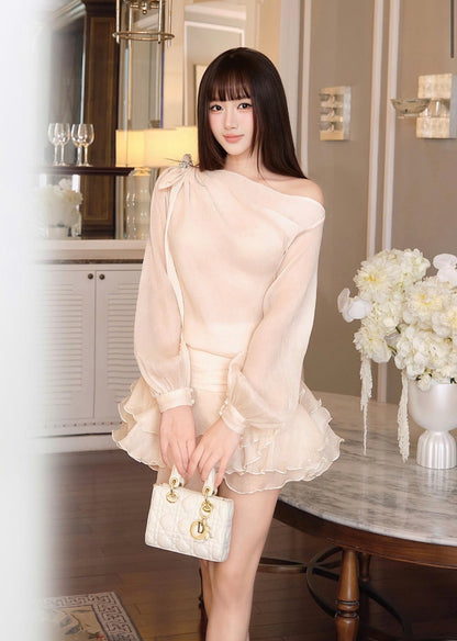 Pearl Bow One Shoulder Mini Dress
