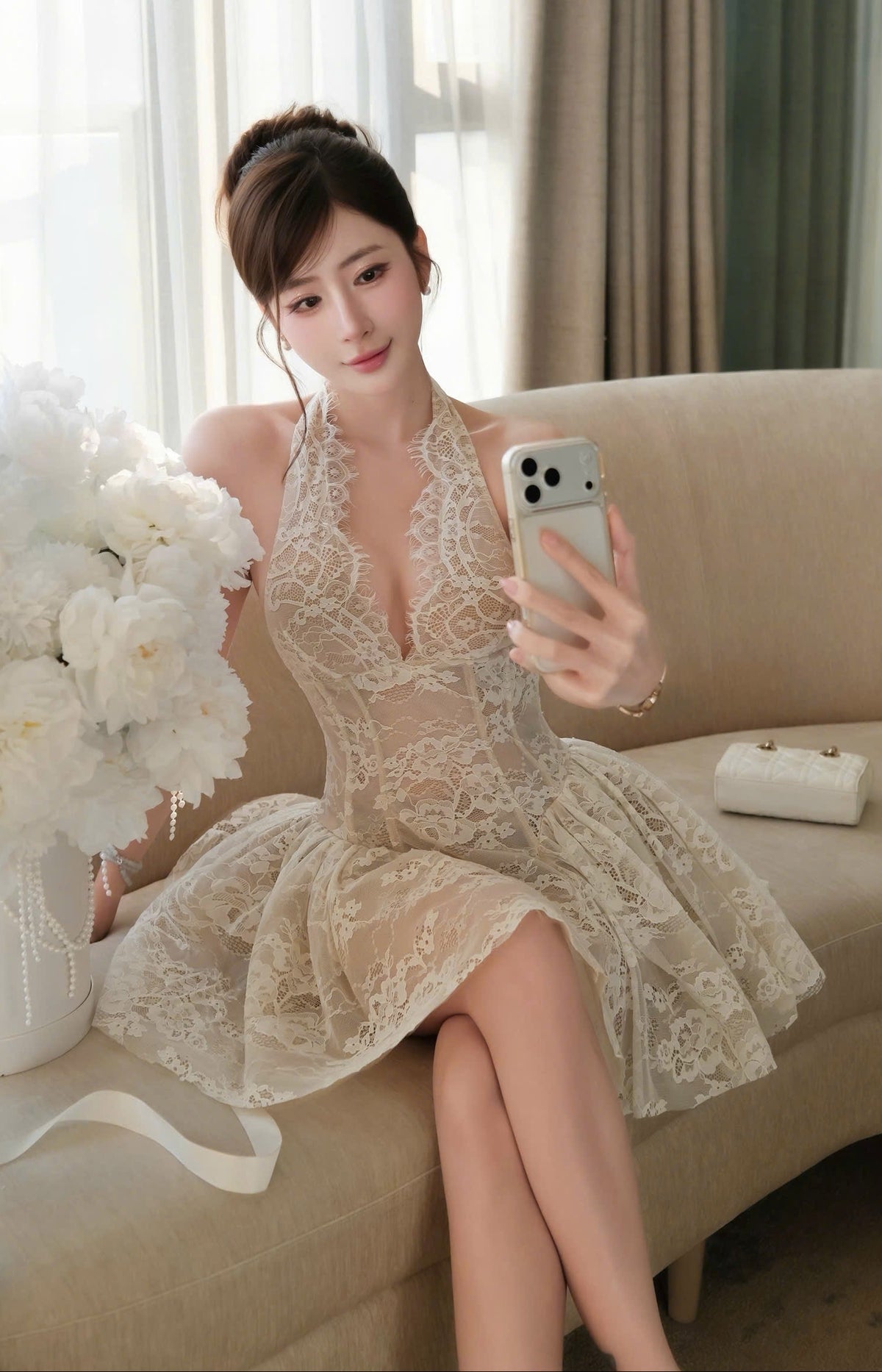 Champagne Lace Halter Mini Dress